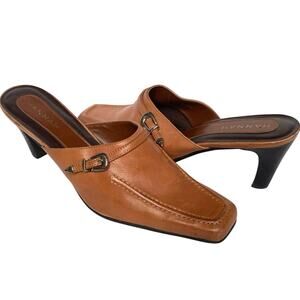 VTG Y2K HANNAH Leather Western Buckle Mule Heel Size 8.5 Tan Square Toe Slip-On